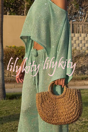 Vacation Knit Shiny Fabric Batwing Sleeve Cape Top and Cover-up Elastic Waist Loose Pants Set