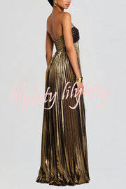 Metallic Sexy Tube Top Pleated High Slit Maxi Dress