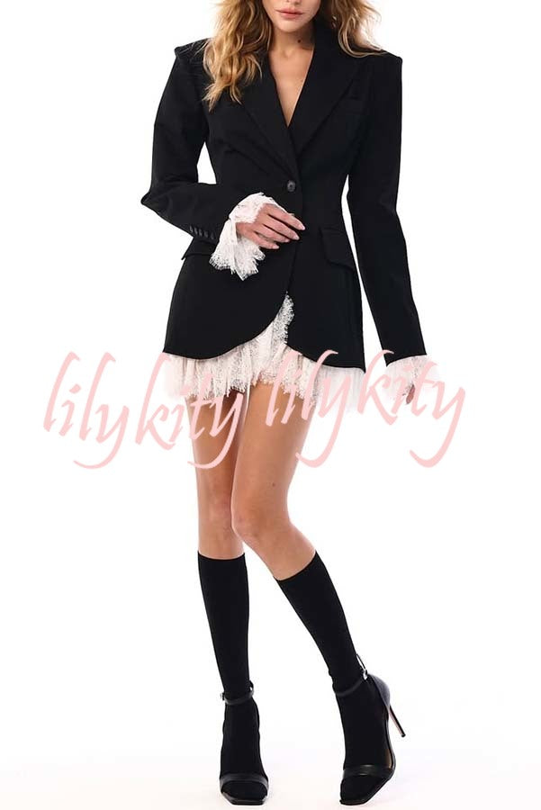 Cue The Chic Lace Trim Button Long Sleeve Lapel Blazer Mini Dress