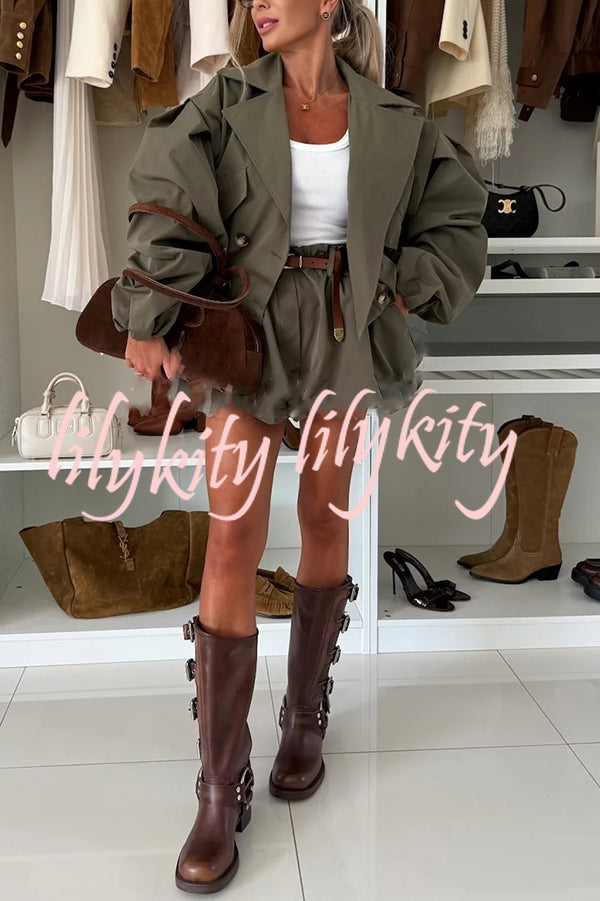 Fashion Style Button Long Balloon Sleeve Pocket Lapel Casual Bomber Jacket