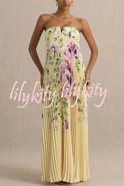 For Every Occasion Satin Pleated Floral Print V-wire Bandeau Neck Maxi Dress