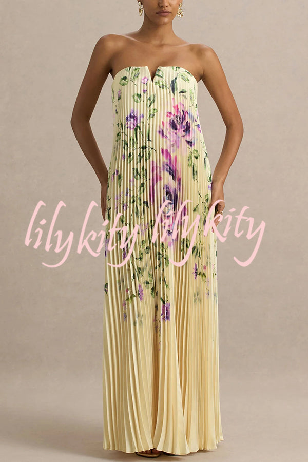 For Every Occasion Satin Pleated Floral Print V-wire Bandeau Neck Maxi Dress