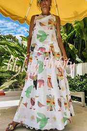 Island Paradise Linen Blend Unique Print Tie-up Slit Tank and Elastic Waist Pocketed Maxi Skirt Set