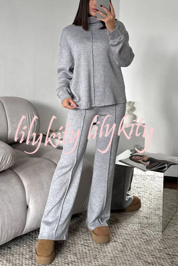 Solid Color Casual Knitted High Neck Long Sleeve Top and Elastic Waist Loose Pants Set