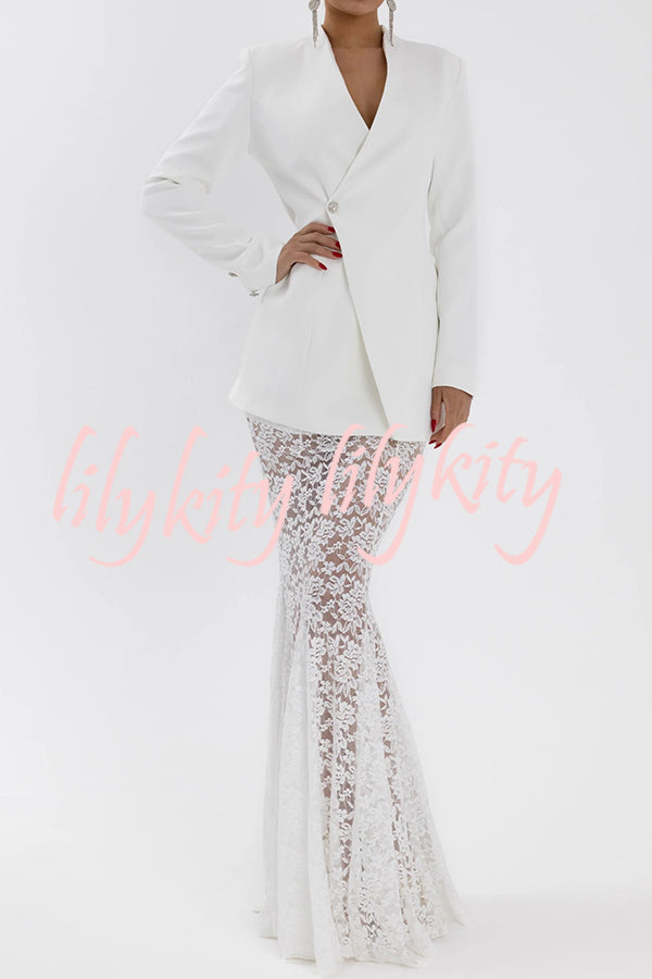 Poetic Muse Floral Lace High Rise Elastic Waist Fishtail Hem Maxi Skirt