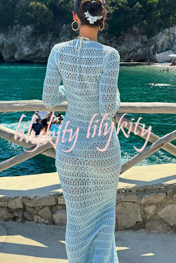 Solid Color Knit Hollow Long Sleeve Vacation Cover Up Maxi Dress