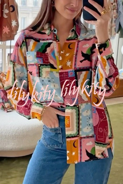 Fashionable Colorful Unique Print Button-down Relaxed Blouse