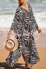 Simple Unique Printed Pleated Front Slit Cover Up