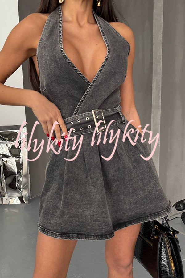 Fashionable Halterneck Open-back Belted Denim Mini Dress