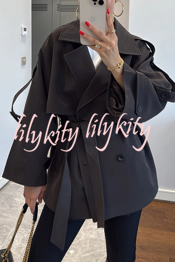 Modern Urban Dropped Shoulder Strap Button Detail Belted Lapel Loose Trench Coat