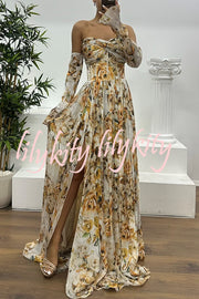Reina Chiffon Floral Print Pleated Bodice Split Sleeve Strapless Slit Maxi Dress