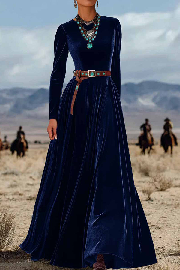 Solid Color Velvet Long Sleeve High Waist Elegant Maxi Dress