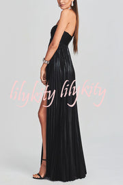 Metallic Sexy Tube Top Pleated High Slit Maxi Dress