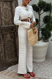 Solid Color Hollow Short Long-sleeved Top and Casual Stretch Wide-leg Pants Knitted Set