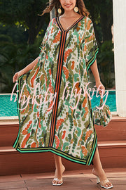 Unique Tie-dye Print V-neck Loose Holiday Cover-up Maxi Dress