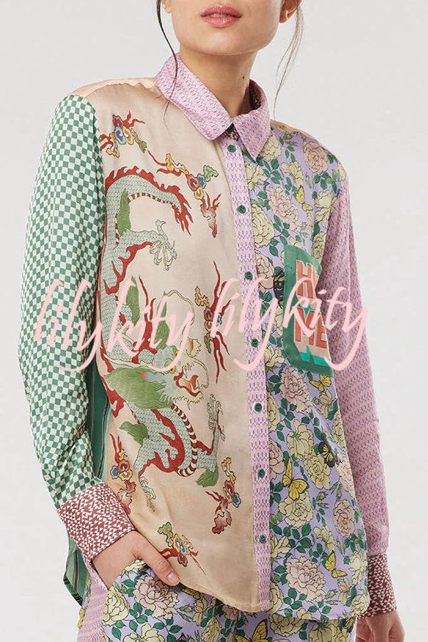 Dragon Season Unique Print Patchwork Pocketed Loose Shirt