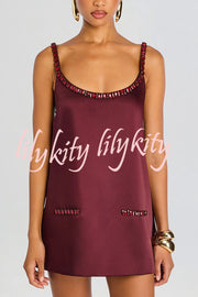 Taste Red Wine Satin Gemstone Trim Round Neck Slip H-line Mini Dress