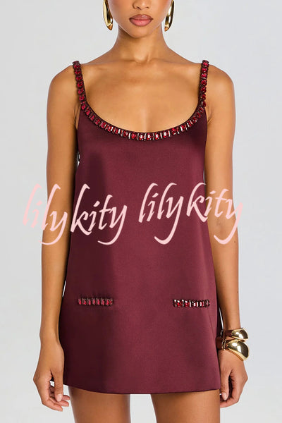 Taste Red Wine Satin Gemstone Trim Round Neck Slip H-line Mini Dress