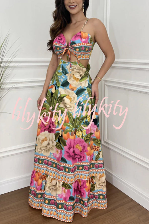 Mexico Style Tropical Print Ring Cutout Lace-up Vacation Maxi Dress