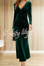 Solid Color Velvet Long Sleeve V-neck Slim Fit Fishtail Maxi Dress