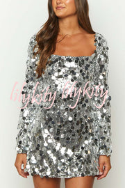 Bring The Disco Large Sequins Square Neck Long Bell Sleeve Backless Slit Mini Dress