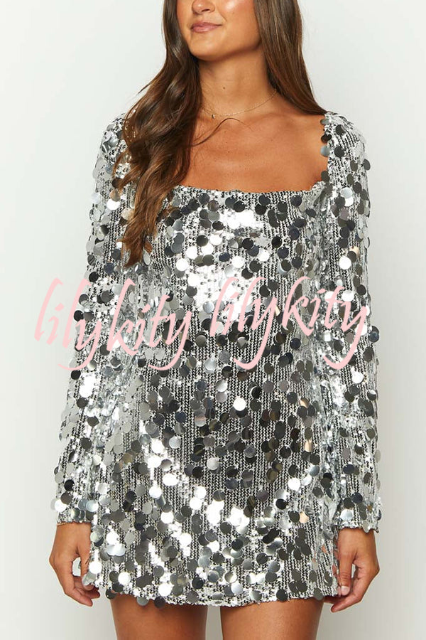 Bring The Disco Large Sequins Square Neck Long Bell Sleeve Backless Slit Mini Dress