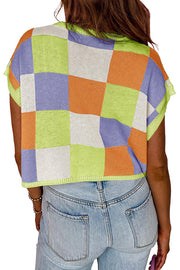 Fashionable Checkerboard Color Block Short-sleeved Loose Sweater
