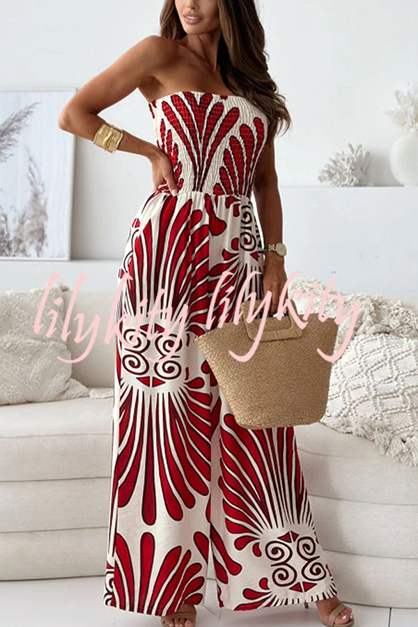 Unique Printed Off-shoulder Pleated Casual Wide-leg Jumpsuit