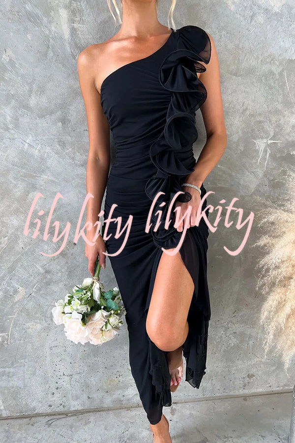Fashion One-shoulder Pleated Sexy High Slit Slim Dress
