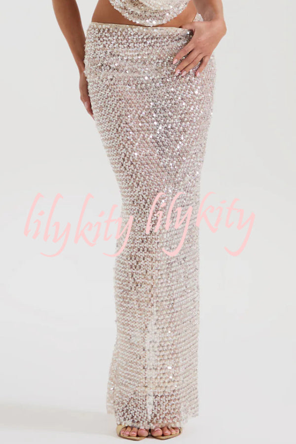 The Great Gatsby Embellished Sequin Mid Rise Flare Maxi Skirt