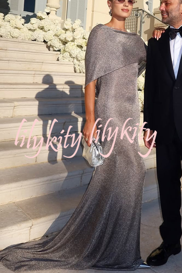 Fit and Elegance Fine Shimmering Fabric Open Cowl Back Draped Neckline Maxi Dress