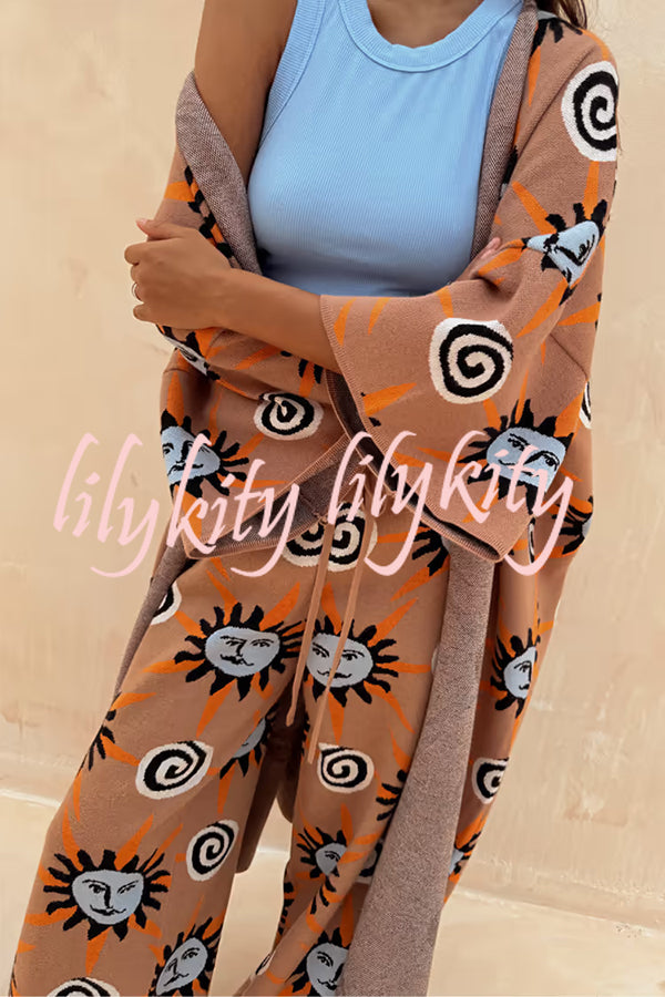 Mediterranean Art Knit Unique Sun Vortex Print Bell Sleeve Long Cardigan