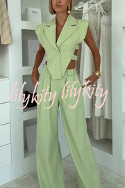 Fashion Style Lapel Waist-baring Irregular Vest and  Elastic Waist Pocket Loose Pants Set