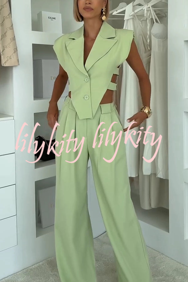 Fashion Style Lapel Waist-baring Irregular Vest and  Elastic Waist Pocket Loose Pants Set