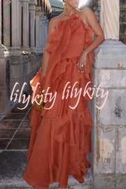 Free - Flowing Rose Detail Tiered Ruffles Halter A-line Maxi Dress