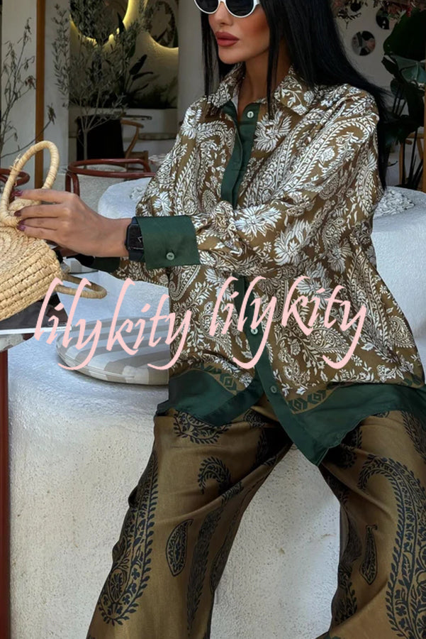 Naya Satin Contrast Color Paisley Long Sleeve Shirt and Elastic Waist Pocketed Pants Set