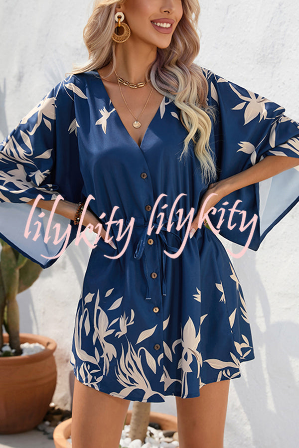 Botanical Print Button Drawstring Waist Dolman Sleeve Loose Romper