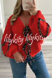 Fashionable Loose Long-sleeved Leopard Print Lace-up Knitted Sweater Cardigan