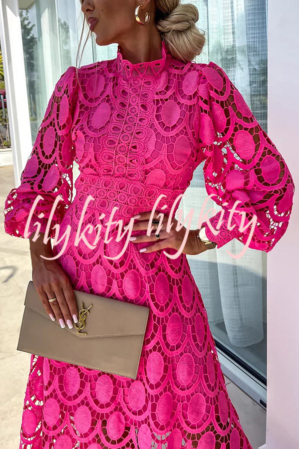 Romantic, Sensual and Elegant Crochet Lace Lantern Sleeve Party Midi Dress