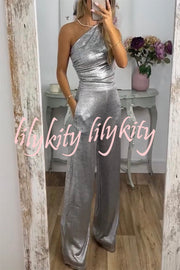 Shining Moment Metallic Fabric One Shoulder Ruched Tank and Pocketed Loose Stretch Pants Set