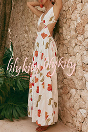 Eliska Linen Blend Poppy Print Cutout Contrast Trim A-line Maxi Dress