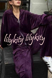 Velvet Casual Zip-up Hooded Top and Elastic Waist Wide Leg Pants Set