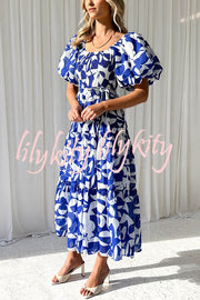 Unique Floral Print Patchwork Lace Up Pleated Maxi Dress