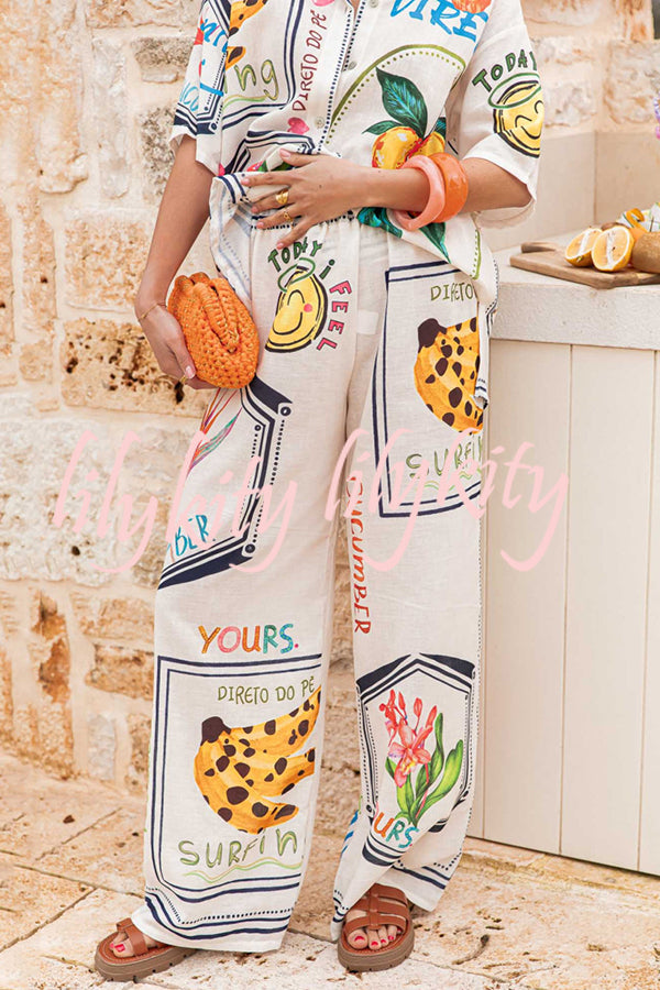 Summer Plant Fruit Print Casual Short Sleeve Shirt and Elastic Waist Loose Wide Leg Pants Set