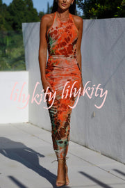 Avalon Mesh Color Splash Ink Print Ruched Halter Stretch Midi Dress