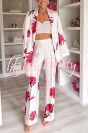 Special Attendance Satin Floral Print Long Sleeve Lapel Loose Blazer