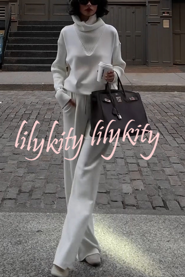 Morning Coffee Walks Ribbed Turtleneck Long Sleeve Sweatshirt and Elastic Waist Pocketed Loose Pants Set