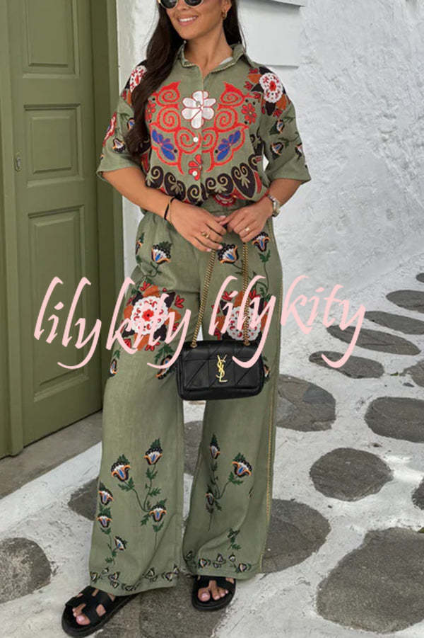 Fiji Ethnic Unique Printed Casual Shirt and Elastic Waist Wide Leg Pants Set