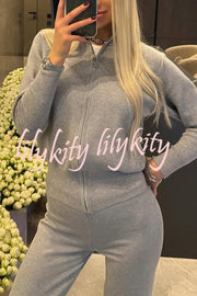 Cozycore Knit Zipper Long Sleeve Cardigan and Stretch Wide Leg Pants Set