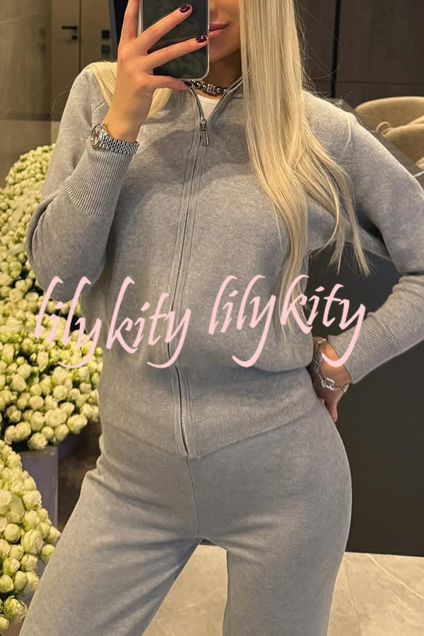 Cozycore Knit Zipper Long Sleeve Cardigan and Stretch Wide Leg Pants Set